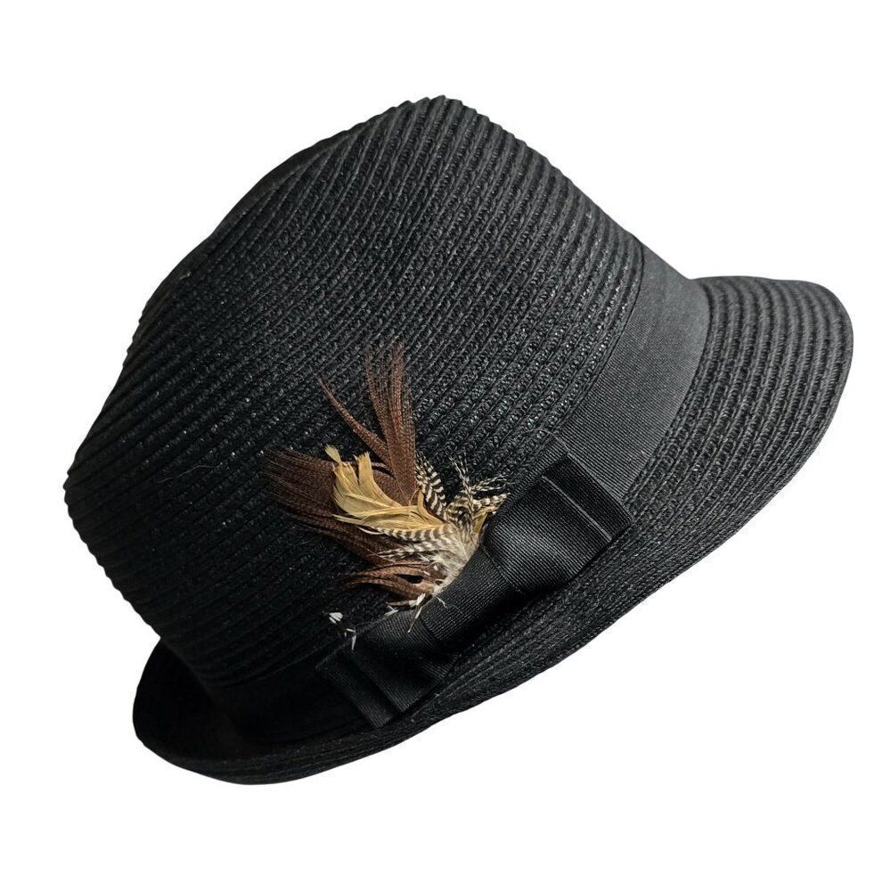 Black Straw Fedora Hat With Feather Accent Quirky Vintage Charm daper